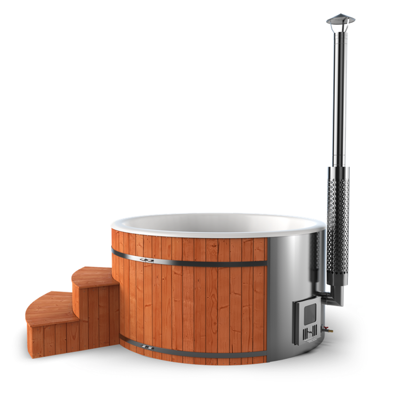 Wooden hot tub with metal bands on a platform, adjacent tall stainless steel appliance and steps.