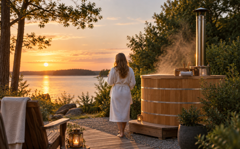 Woman in white robe standing barefoot by lakeside sunset with wooden hot tub and steam.