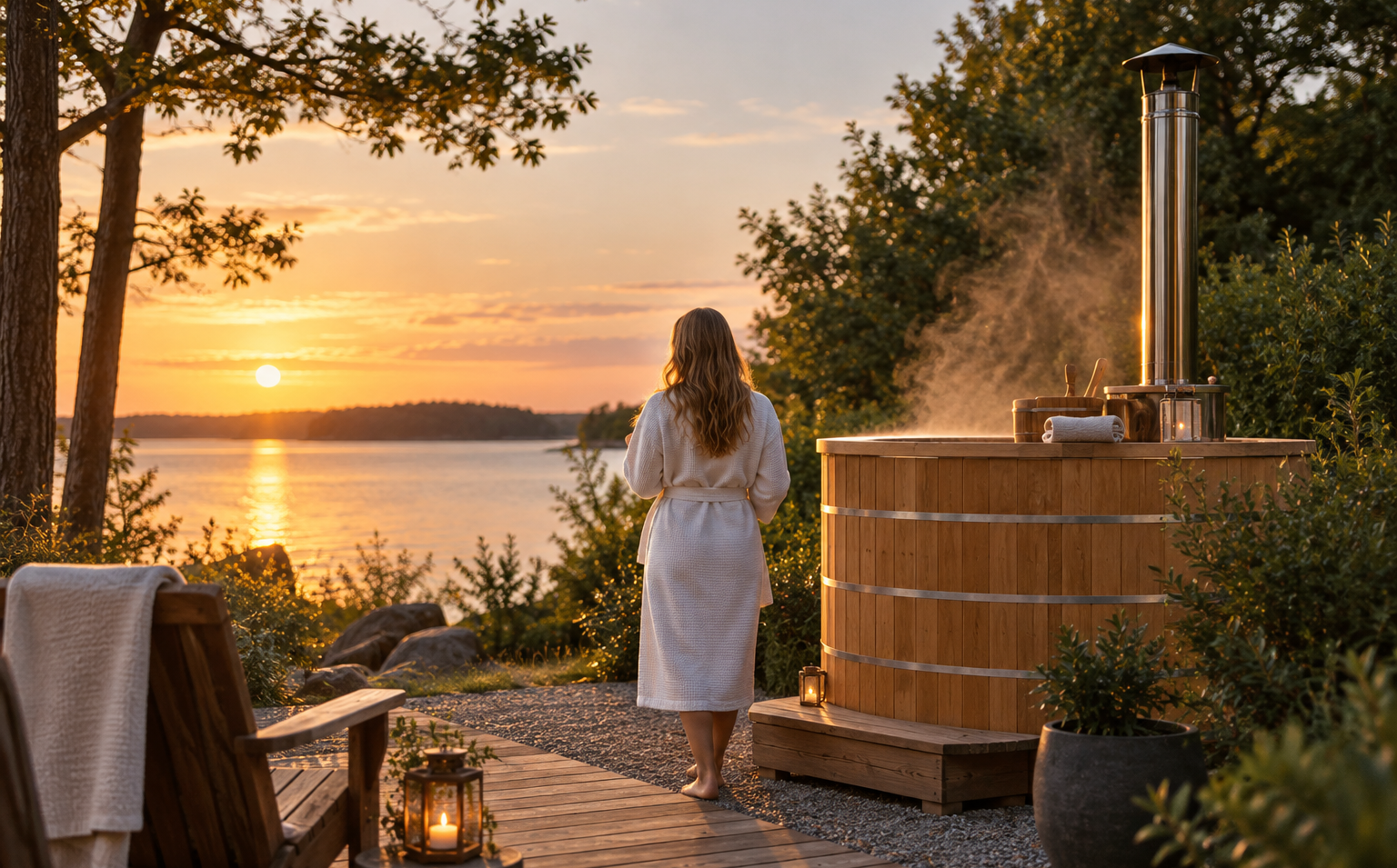 Woman in a white robe beside a steaming wood fired hot tub at sunset