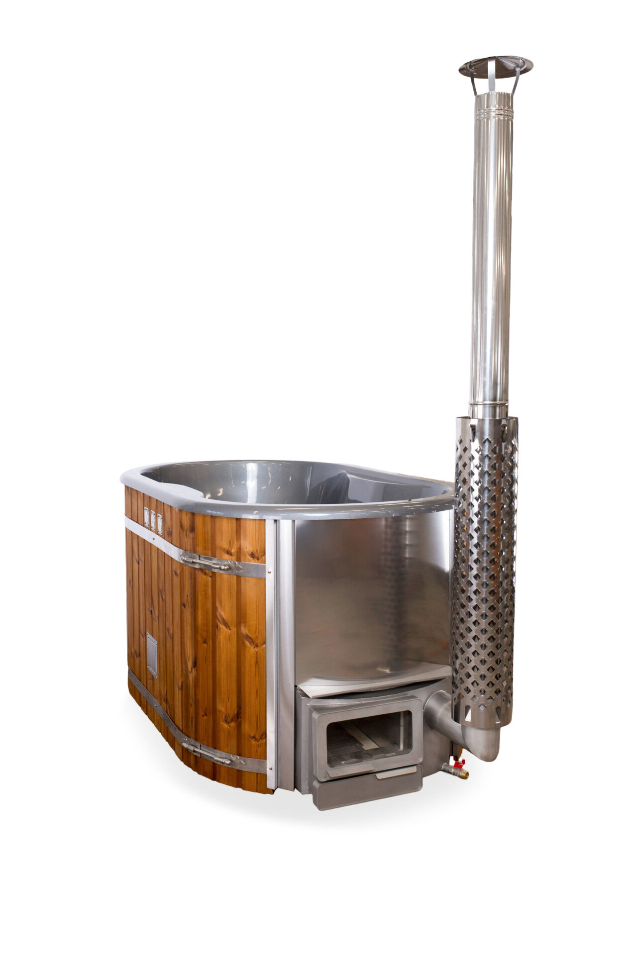 Ofuro wood fired hot tub with its external wood-burning stove