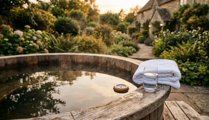 Folded towel, glass of water and floating thermometer on the rim of a wooden hot tub