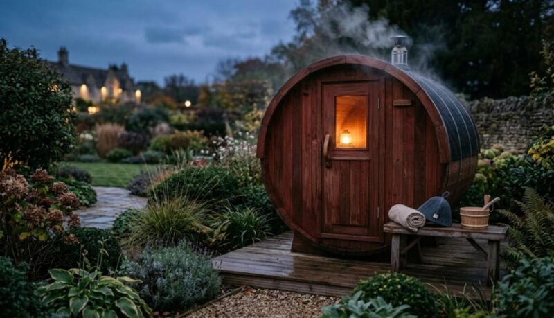 Barrel sauna in a UK garden at dusk with a towel and wool sauna hat on a bench by the door