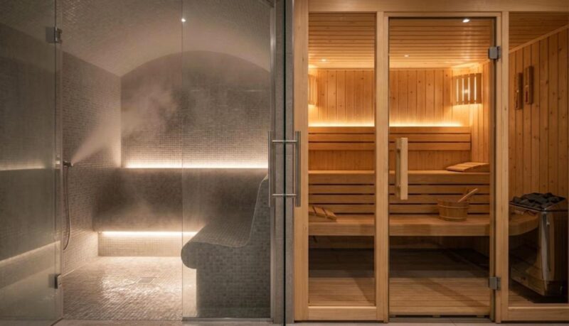 A tiled steam room beside a wooden sauna cabin with pale timber benches